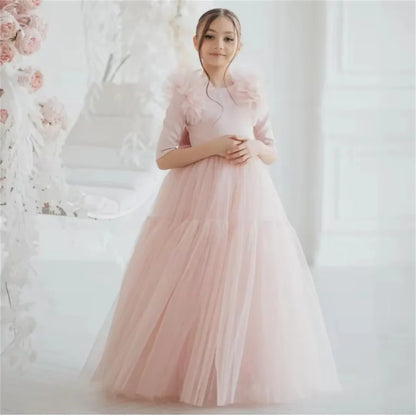 Light Pink Flower Girl Dresses Tulle With Bow Half Sleeve For Wedding Birthday Party Banquet Princess Gowns