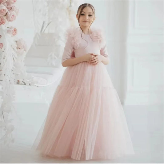 Light Pink Flower Girl Dresses Tulle With Bow Half Sleeve For Wedding Birthday Party Banquet Princess Gowns