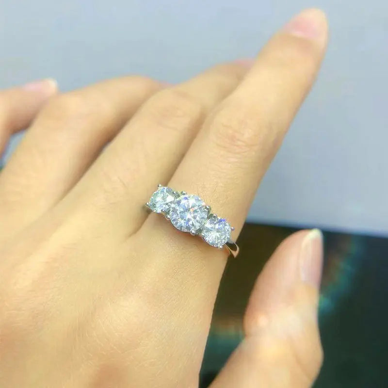Real D Color VVS1 Round 2.0ctw Moissanite 3-Stone Ring 925 Pure Silver Jewelry Certified for Women Wedding Engagement Gift