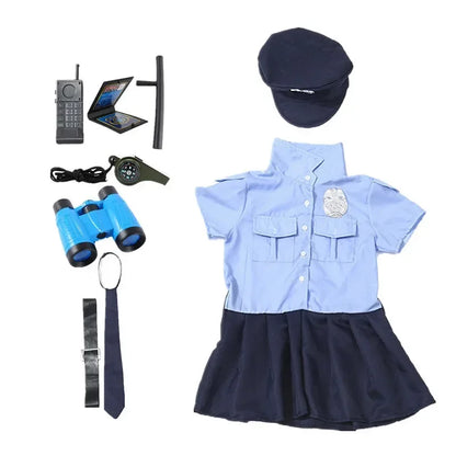 Girls Police Officer Work Uniform Halloween Role Play Button Costume Police Toy Accessory with Walkie Talkie Whistle Baton Gift
