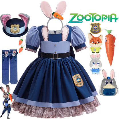 2026 New Movie Zootopia 2 Brave Bunny Adventure Carnival Baby Girl Role Play Judy Hopps Rabbit Officer Uniform Dress Suit