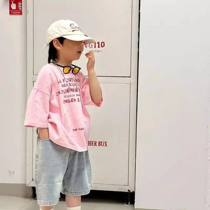 2026 New Original Design Boys' Pink Short Sleeved T-Shirt Summer Trendy Versatile Kids Half Sleeve T-Shirt