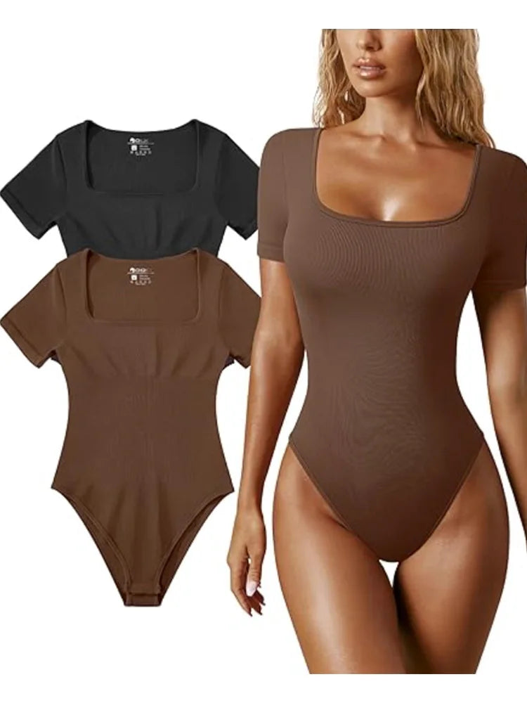 Bodysuits Sexy Ribbed One Piece Square Neck Short Sleeve Bodysuits Tummy Control Open Crotch Bodysuit Shapewear Suit