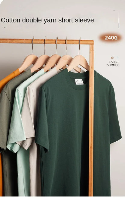 Combed cotton 240g heavy-duty pure cotton double yarn short sleeved t-shirt men's trendy brand solid color round neck top