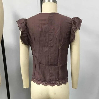 Women Boho Deep V Lace Trim Flutter Sleeve Chiffon Blouse, Sheer Tie Waist Vintage Cropped Vacation Top