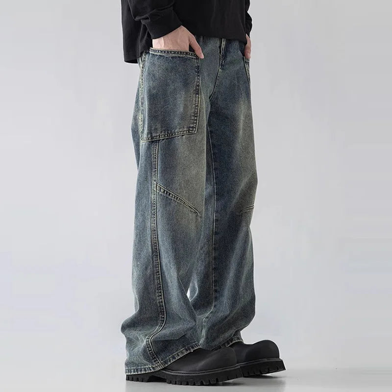Korean Style Large Pocket Workwear Jeans Retro Blue Men'S Baggy Jeans Straight Leg Pants Casual Wide Leg Pants Casual Pants