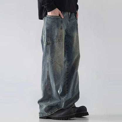 Korean Style Large Pocket Workwear Jeans Retro Blue Men'S Baggy Jeans Straight Leg Pants Casual Wide Leg Pants Casual Pants