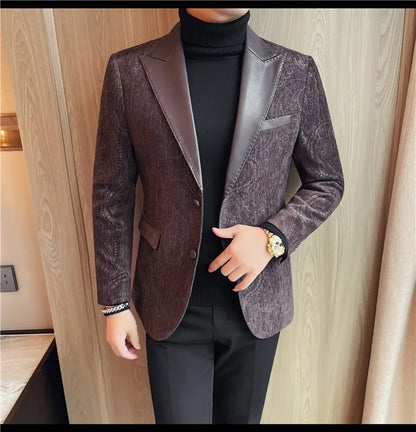 2025 Fashion Leather Neck Spliced Suit Jacket Luxury Men's Business Slim Fit Social Formal Blazers Coats Wedding Groom Tuxedos