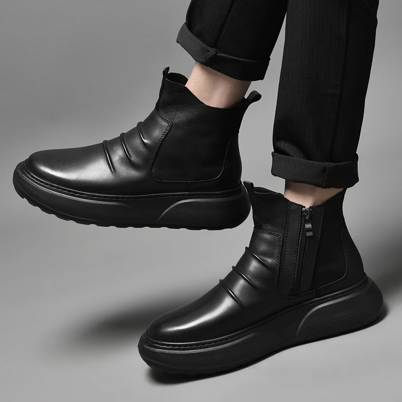 Luxury Brand Male Slip on Chelsea Boots Genuine Leather Mens Warm Winter Shoes High Quality Ankle Boots Men Handmade Snow Boots