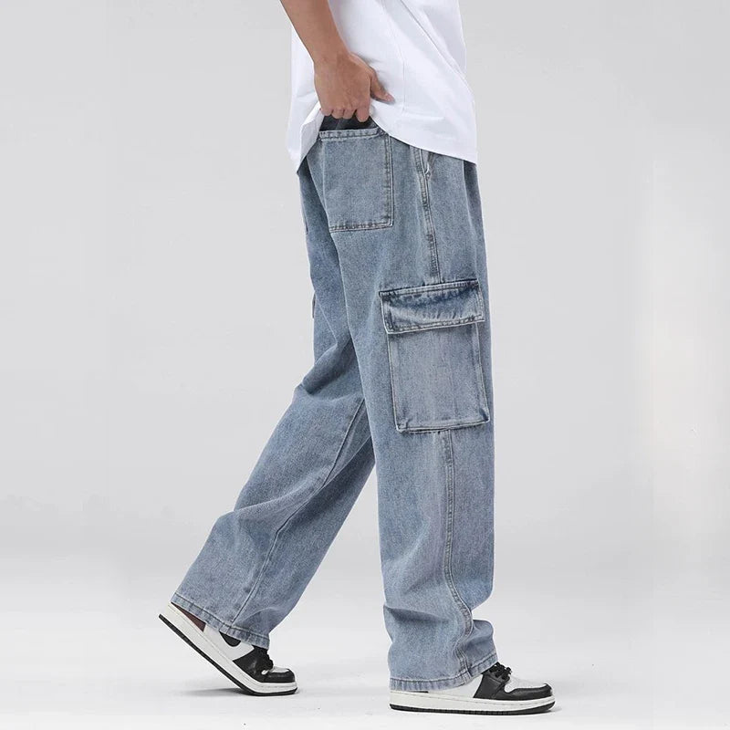 Men's Baggy Straight Cargo Jeans Elastic Waist Drawstring Casual Pants High Street Fashion Vintage Trousers Male Trendy Brand