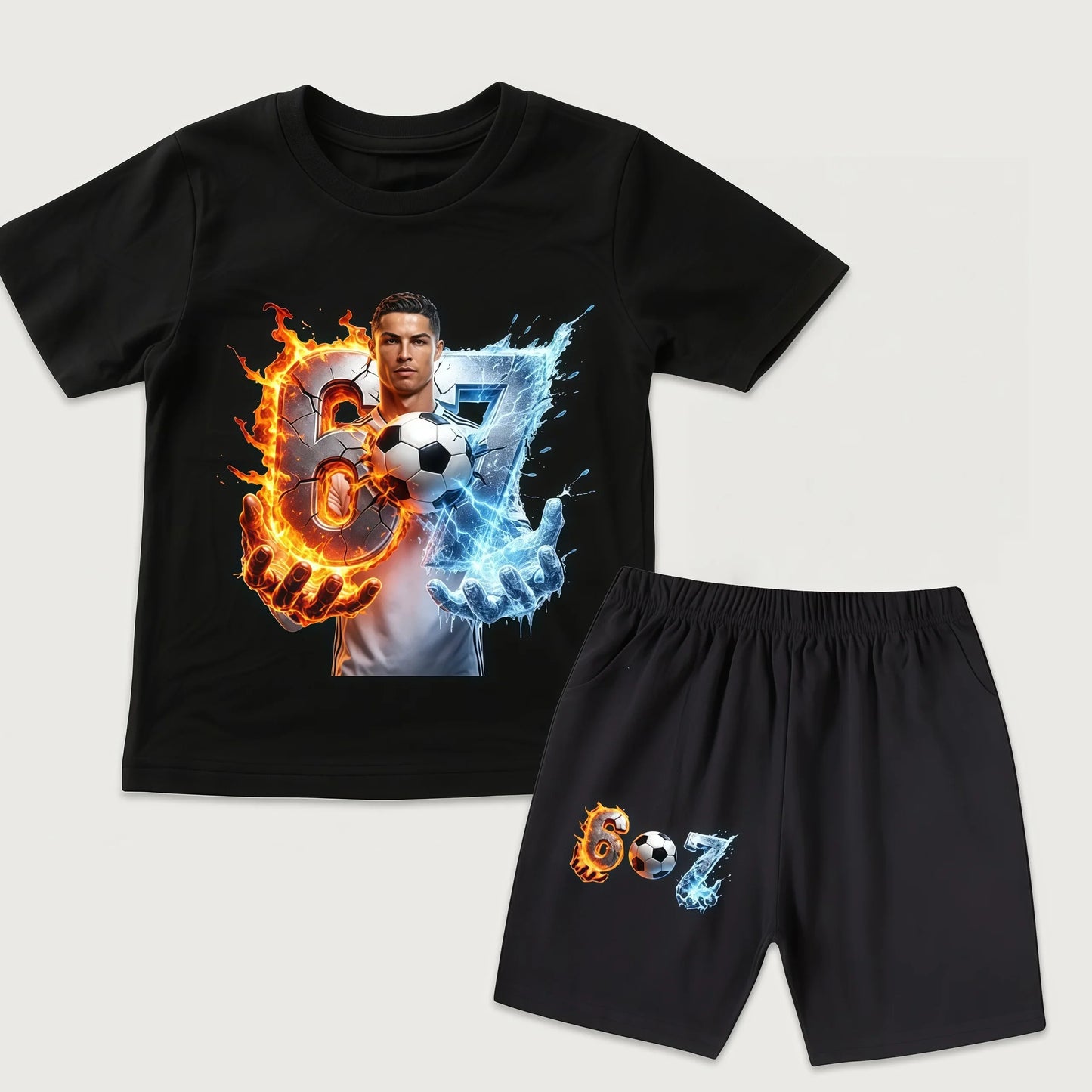 New Arrival CR7 Ronaldo 67 Print Kids Cotton T Shirt Short Sleeve Casual Top Set for Boys Girls