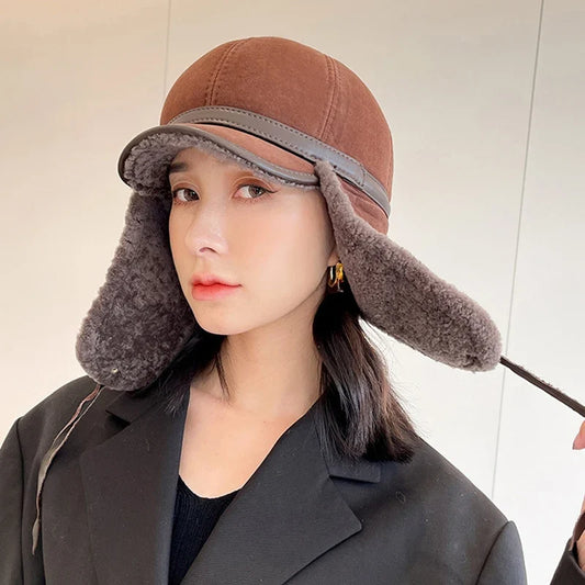 New High Quality 2025 Winter Leather Hat Lady Fur Lambswool Warm Thick Ear Flaps Bomber Hats Women's Baseball Cap Russian caps