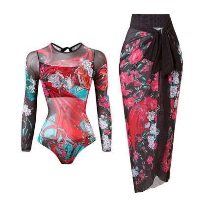 S - XXL Printed Long Sleeve With Sarong One Piece Swimsuit Women Swimwear Female Flowers Padded Bather Bathing Suit Swim V7181