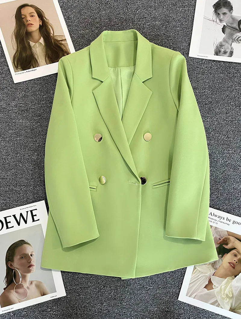 Casual Small Suit Jacket Women Fashion Loose Metal Double-Breasted Blazer Coat Korean Occupation Office Formal Lapel Blazers