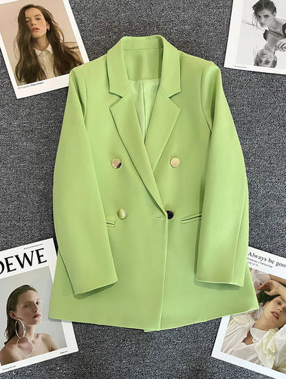 Casual Small Suit Jacket Women Fashion Loose Metal Double-Breasted Blazer Coat Korean Occupation Office Formal Lapel Blazers