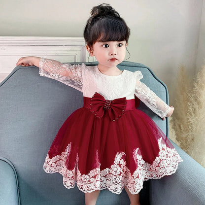 Long Sleeve Baby Girls Dress Newborn White Baptism Tulle Party Wedding 1st Birthday Princess Dresses Infant Girls Bow Prom Gown