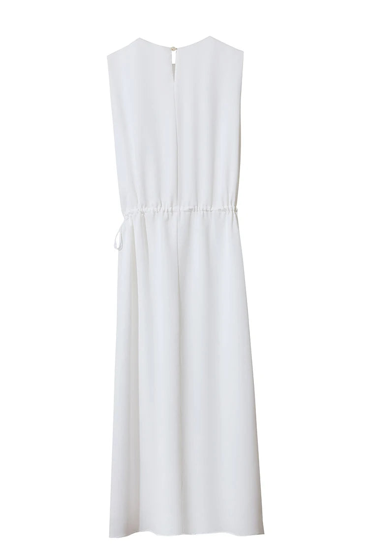 Minimalism Dresses 2025 Summer Vocation Women Loose Long Dresse Sleeveless High Waist Design Bead Drawstring Dress 12542177