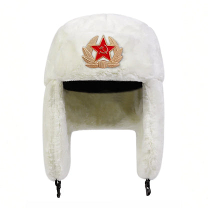 Unisex Five-pointed Star Label Lei Feng Hat Winter Earflap Hat Keep Warm Ski Hat Bomber Hat for Outdoor Riding Snow Activities