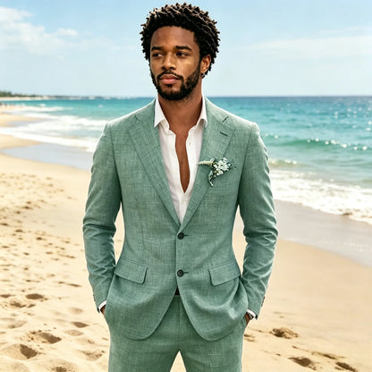 Light Grey 2 Pieces Linen Men's Suits With Pants Groom Tuxedos Summer Casual Style Groomsmen For Wedding Blazer Sets
