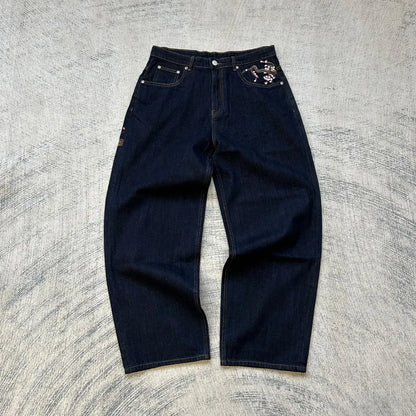 Y2K Vintage Low Waist Hip Hop Cherry Blossom Embroidered Jeans  Wide Leg Trousers Clothes Mens Embroidered Baggy Jeans Womes