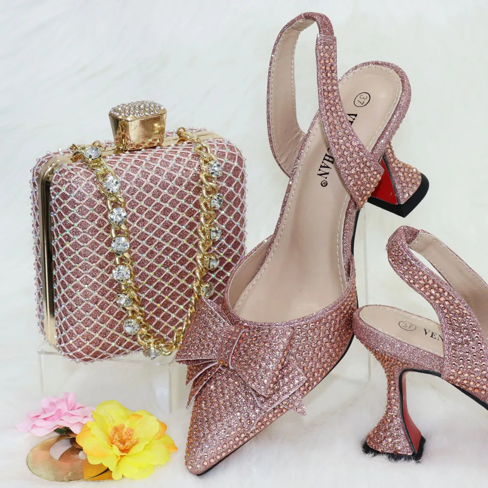 Bridal High Heels for Women 2023 Pointed Toe With Bows Gold Color Rhinestone  Elegant Party Wedding Shoe and Bag Set