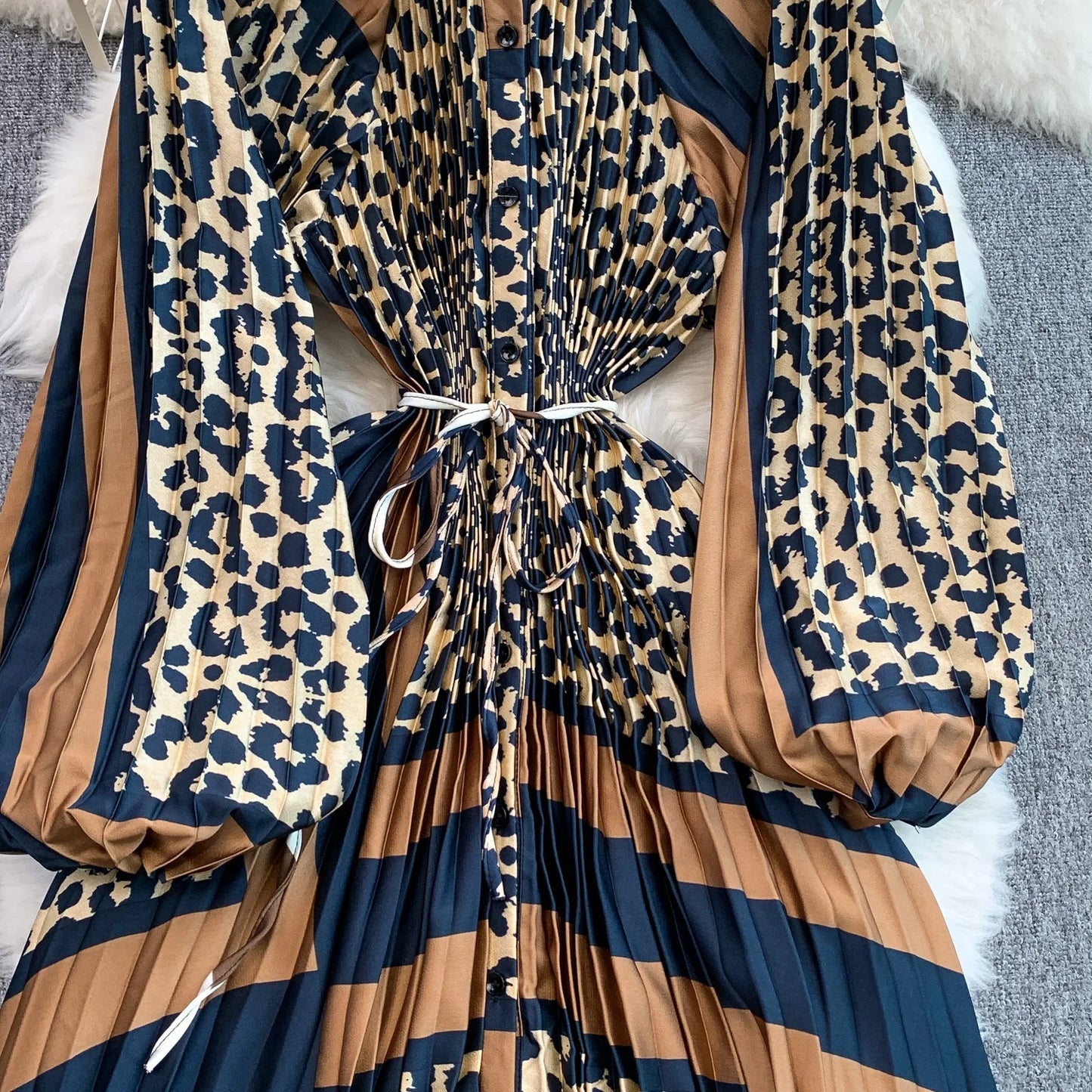 Ele Printed round Ne Lantern Sve Dr Women's Single Button Waist Cinch Maxi Skirt Long Dr Commute Sle Autumn