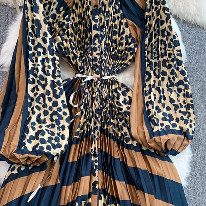 Ele Printed round Ne Lantern Sve Dr Women's Single Button Waist Cinch Maxi Skirt Long Dr Commute Sle Autumn