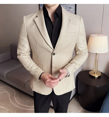 Bright Silk Thousand Bird Grid Suit Jacket Korean-style Business Fashion Slim Fit Single Breasted Men Social Party Dress Coats
