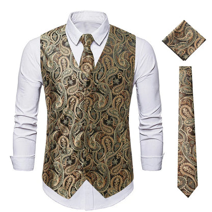 New Men Jacquard Splicing Thin Loose Suit Vest Fashion Homme Wedding Dance Party Dress Waistcoat Free with Tie