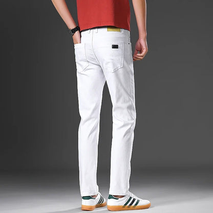 Cotton White Jeans Men's Elastic Soft Comfortable Business Casual Trousers Fashion Korean Fit Straight Spring Autumn Denim Pants
