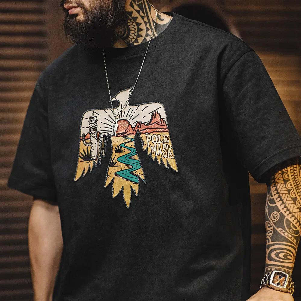 Vintage Style Thunderbird Print T-Shirt Men's Summer Heavyweight Embroidered Short Sleeve Tee Navajo Crew Neck Street Tops