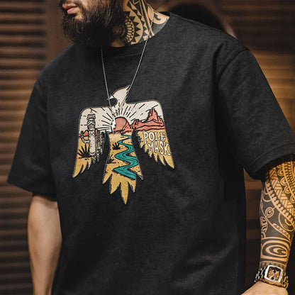 Vintage Style Thunderbird Print T-Shirt Men's Summer Heavyweight Embroidered Short Sleeve Tee Navajo Crew Neck Street Tops