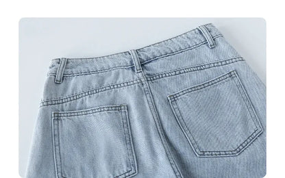 Fashion Women Shorts Mid-length Blue New Dividing Line Design Retro Washed Cotton Straight Leg Short Jeans Summer 2026