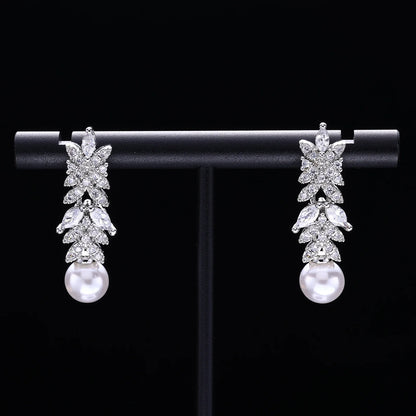 2023 New Cubic zirconia Pearl Necklace Earrings Set of 4 Women's Wedding Party All Zircon Dubai Bridal Jewelry Set Gift