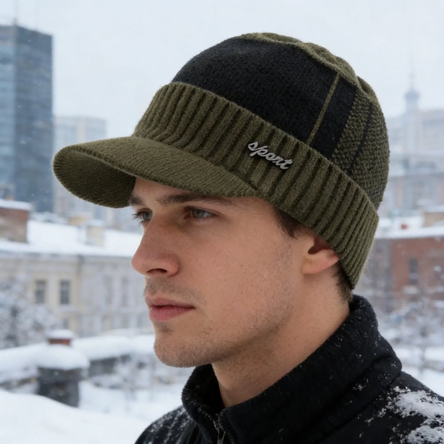 New Unisex Warm Winter Hat With Brim Add Fur Lined Beanie Hat Sports Label Thicken Winter Hats For Men Women Knitted Hat