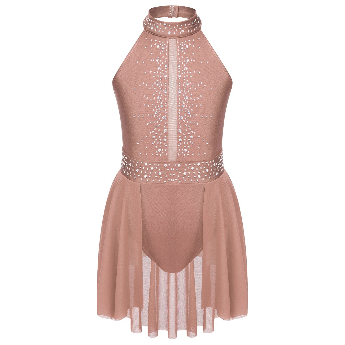 Kids Girls Gymnastics Figure Skating Ballet Lyrical Dance Costume Dress Side Split Sheer Mesh Ruched Glittery Rhinestones Dress