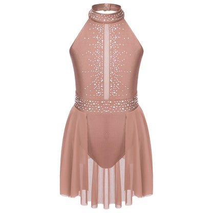 Kids Girls Gymnastics Figure Skating Ballet Lyrical Dance Costume Dress Side Split Sheer Mesh Ruched Glittery Rhinestones Dress
