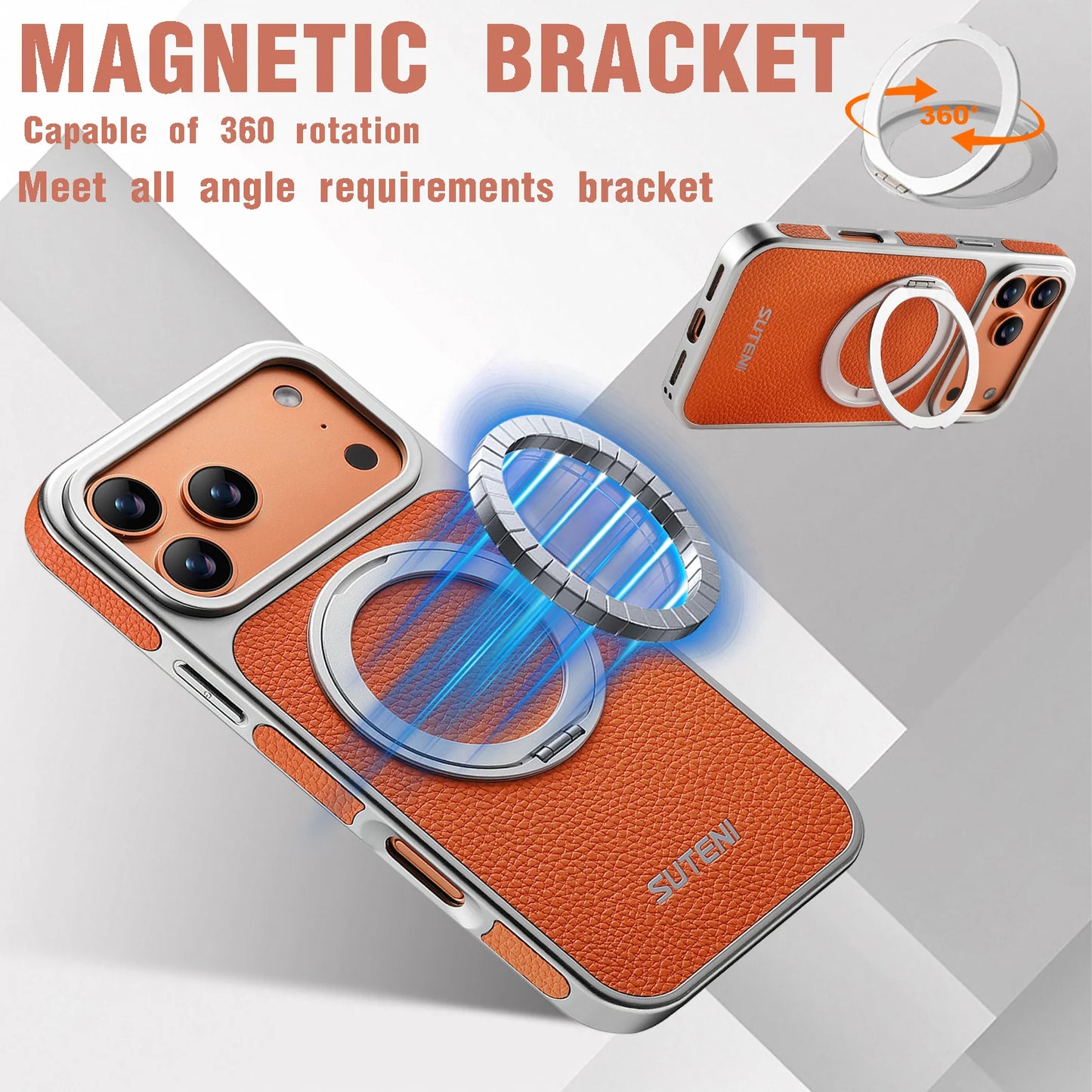 Faux Leather Magnet Wireless Charging Phone Case 360° Rotating Stand Ring Buckle Frosted Feel For iPhone 17 Pro Max 16 15