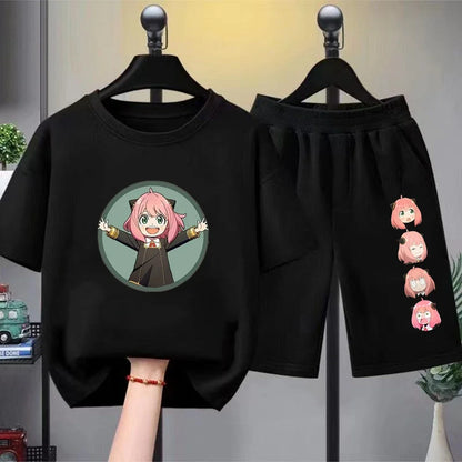 Anime Spy X Family Children T-Shirt+Bottom Wear Age 3-12 Girls Pink Set Black 2pcs Kids Set Print Summer Cool T-Shirt