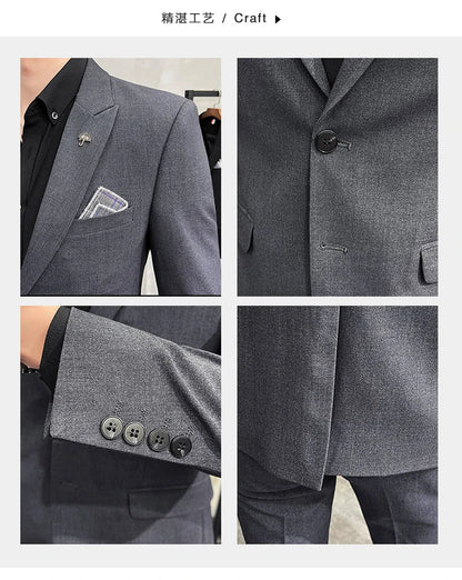 ( Blazer + Pants ) High End Brand Plaid Men's Casual Formal Office Business Suit Groom Wedding Dress Slim Suit Jacket Trousers