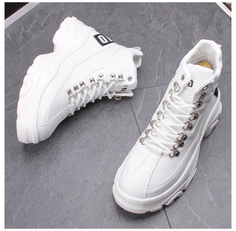 White High Top Board Boots for Men Thick Soled Men Boots with Elevated Height Inside Outdoor Casual Versatile High-top Shoes