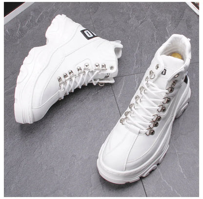 White High Top Board Boots for Men Thick Soled Men Boots with Elevated Height Inside Outdoor Casual Versatile High-top Shoes