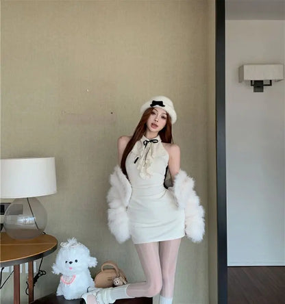 Hotsweet Y2k Dress Women Lace Splicing Bow Halter Waist Slim Fit Hip Mini Dresses Fashion Birthday Party Vestido Summer