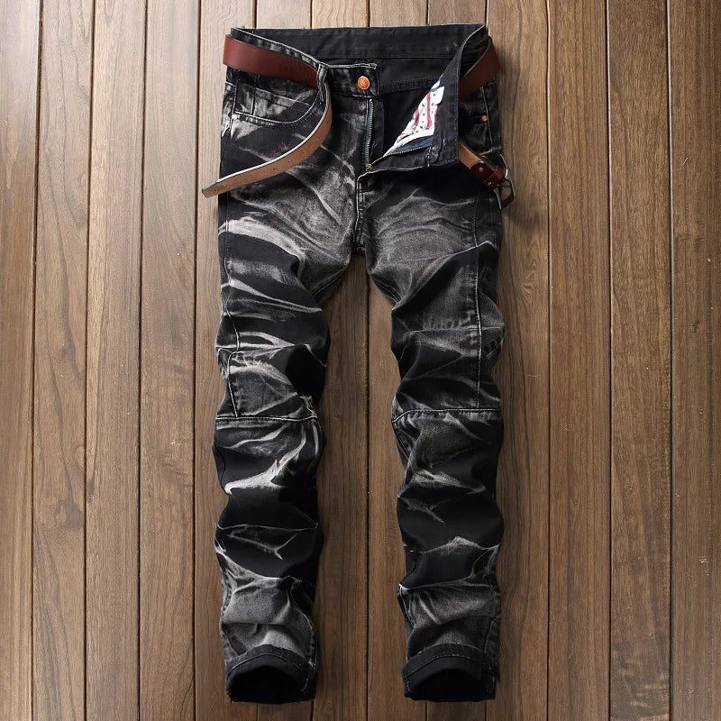 2026 Men's Fashion Vintage Jeans Slim Straight Leg Tie Dye Pleated Biker Denim Pants Male Casual Pants Oversized 42 High Quality