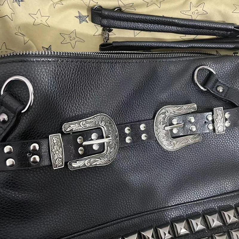 Spice Girl Carved Leather Buckle Bag Large Capacity PU Fashion Rivet Cool Handbags Oblique Straddle Portable Punk Tote Bags