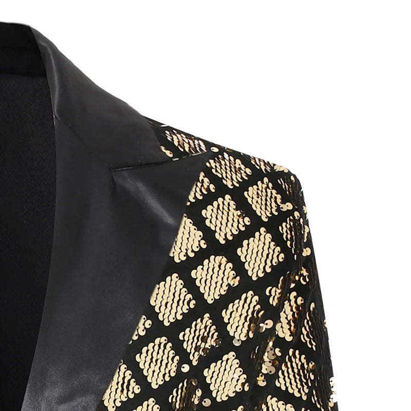 2026 Gold Men's Black Collar Suit Jacket, Glitter Sequin Decoration Wedding Party Dress Coat Black Silver Fashion Blazers.