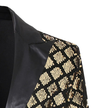 2026 Gold Men's Black Collar Suit Jacket, Glitter Sequin Decoration Wedding Party Dress Coat Black Silver Fashion Blazers.
