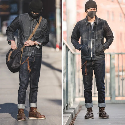Vintage 14oz Selvedge Raw Denim Jeans Horsehair Leather Patch Straight Fit Jeans Men's Spring and fall Paris Buckle Pants