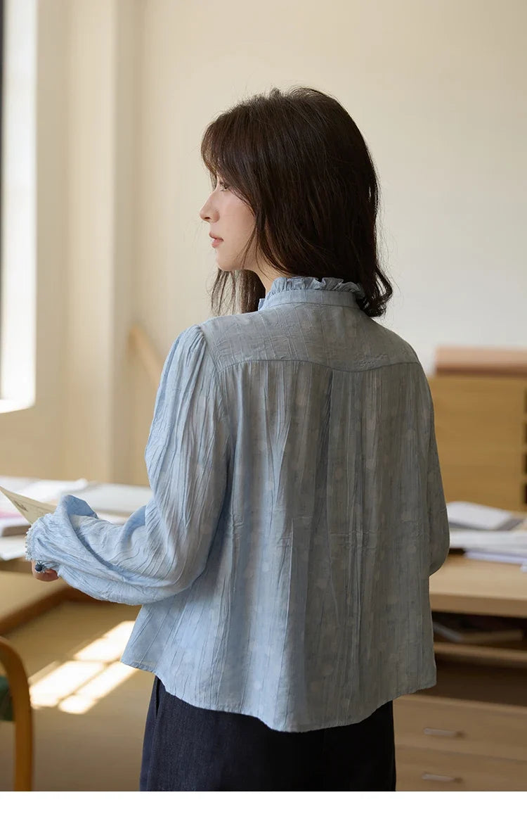 Women's Shirt 2025 Autumn Blue Polka Dot Chiffon Loose Shirt Stand Collar Double Row Buckle Lantern Sleeve Top MXE41X1926