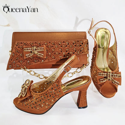 New Italian Design Open Toe Women High Heels for 2025 Elegant Party Wine Color Diamond Pumps Shoes and Bags Matching Set
